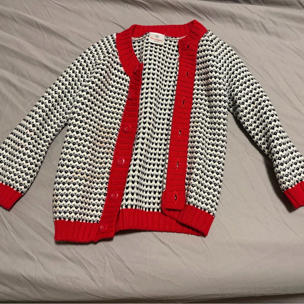 Red Trim Black and White Knit Cardigan